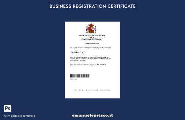 certificato di registrazione aziendale in stile verificato in Spagna Modello Wor